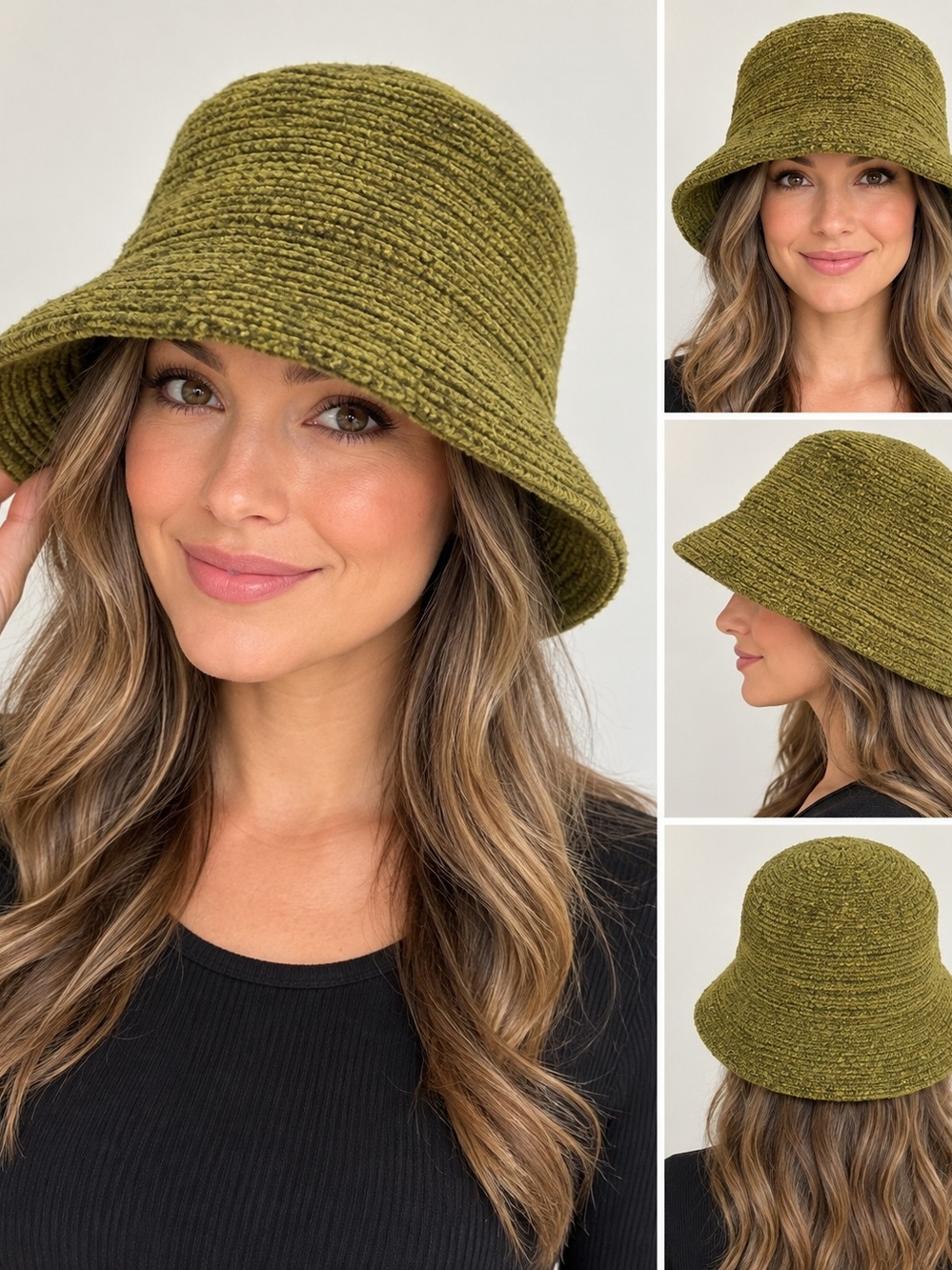 Protide Olive Green Textured Knit Bucket Hat One Size Acrylic Polyester